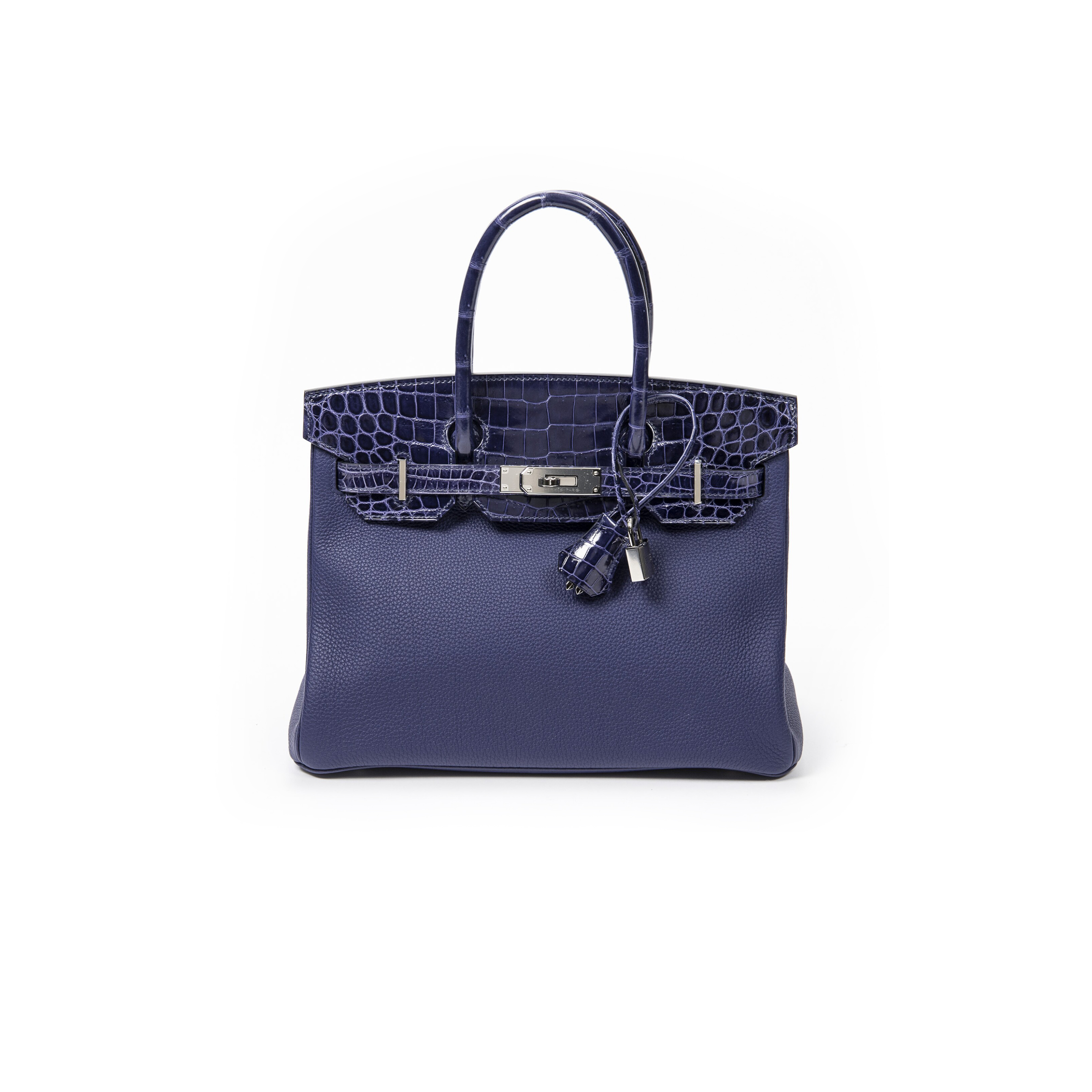 H**mes master birkin 25 crocodile and togo leather storm blue silver buckle h076216ck23 (25*20*13cm)